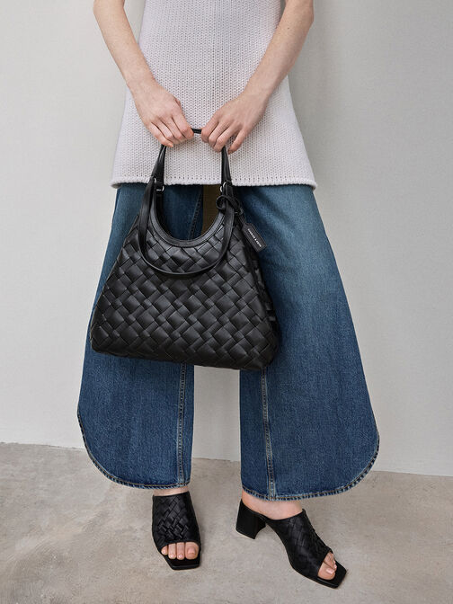 Woven Square-Toe Heeled Mules, Black, hi-res