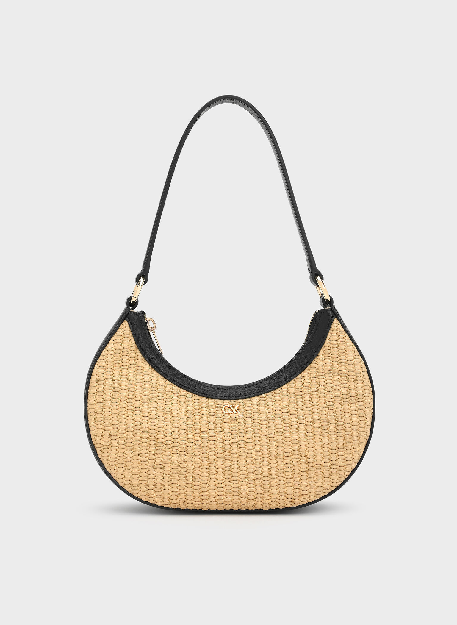 Leather & Raffia Crescent Hobo Bag, Neutral Raffia, hi-res
