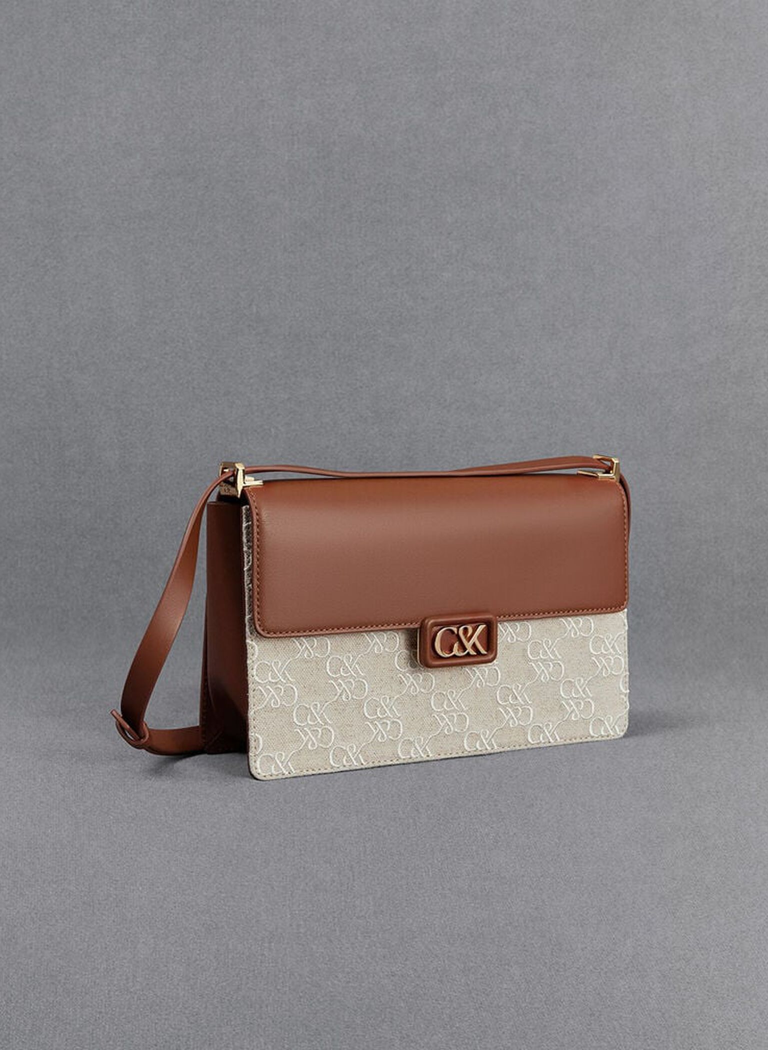Leather & Canvas Two-Tone Shoulder Bag, Cognac, hi-res