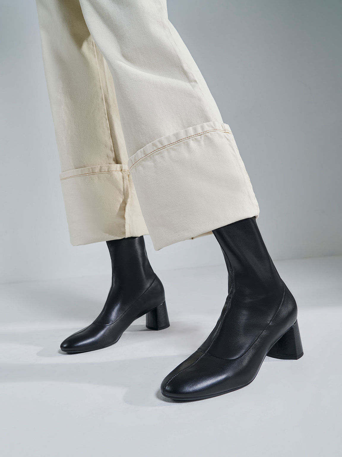 Stitch-Trim Ankle Boots, Black, hi-res