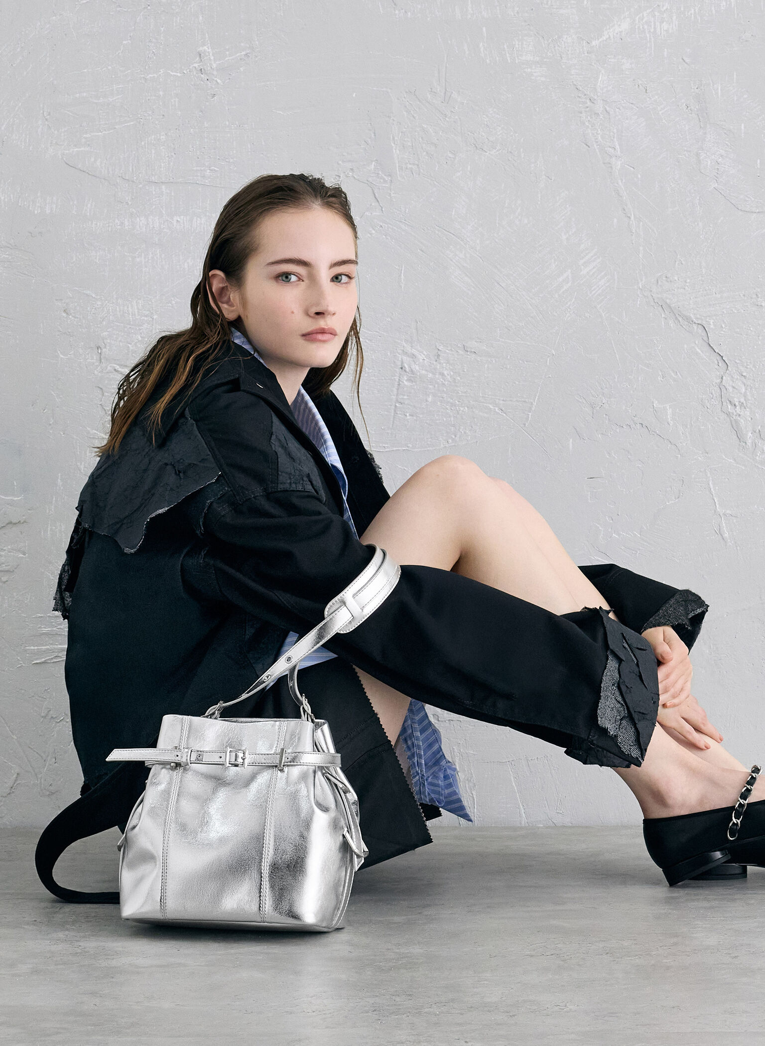 Bryna Metallic Belted Bucket Bag, Silver, hi-res