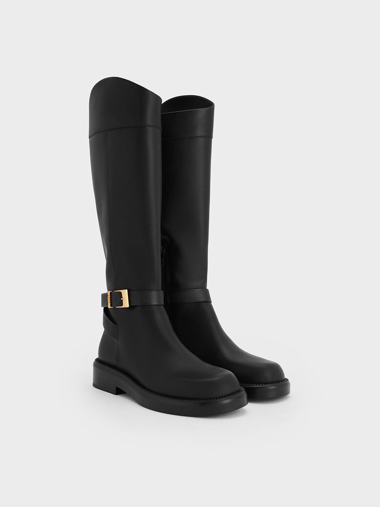Leather Buckled-Strap Knee-High Boots, Black, hi-res
