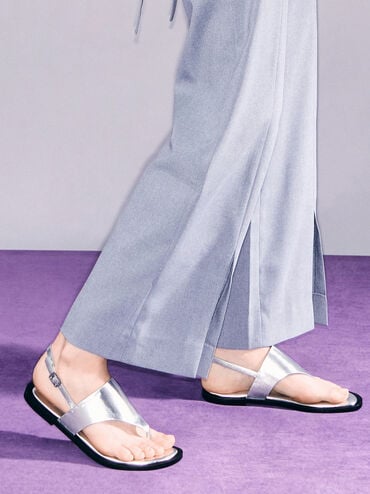 Metallic V-Strap Slingback Thong Sandals, Silver, hi-res