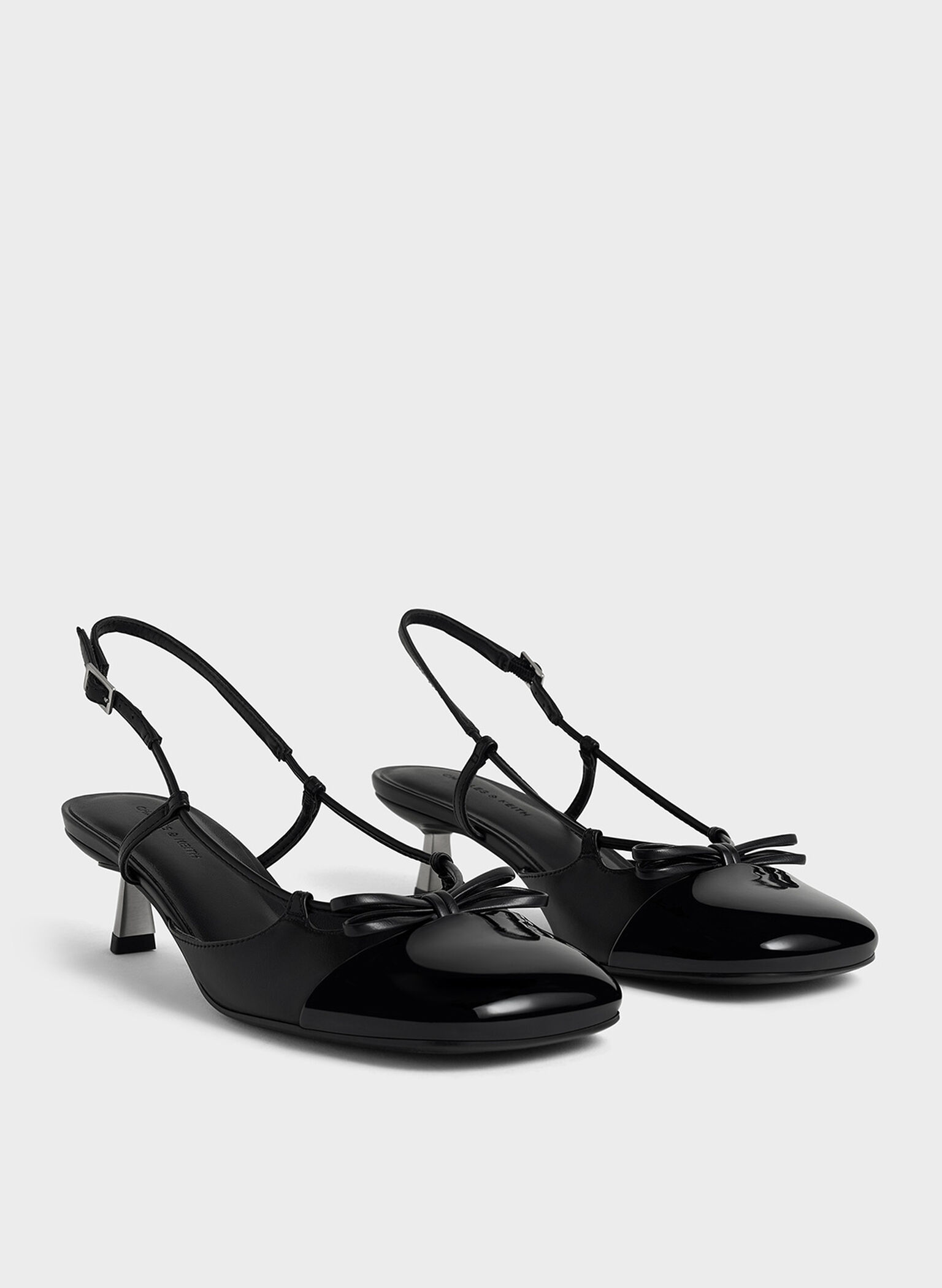 Patent Cap-Toe Bow Slingback Pumps, Black Patent, hi-res