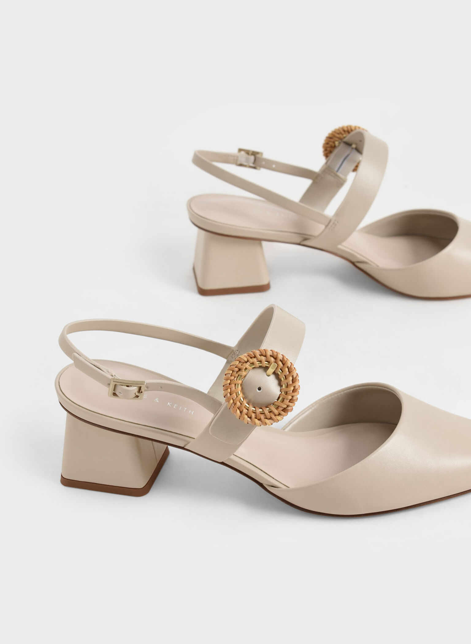 Woven Buckle Slingback Heeled Pumps, Chalk, hi-res