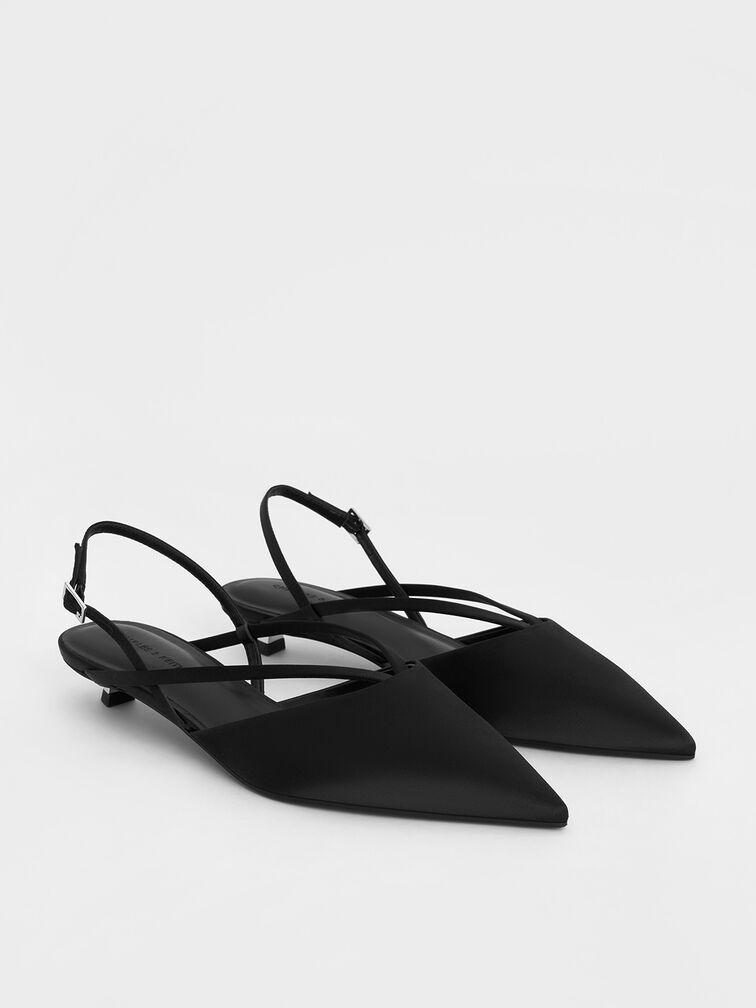 Satin V-Strap Pointed-Toe Slingback Kitten Heels, Black Textured, hi-res