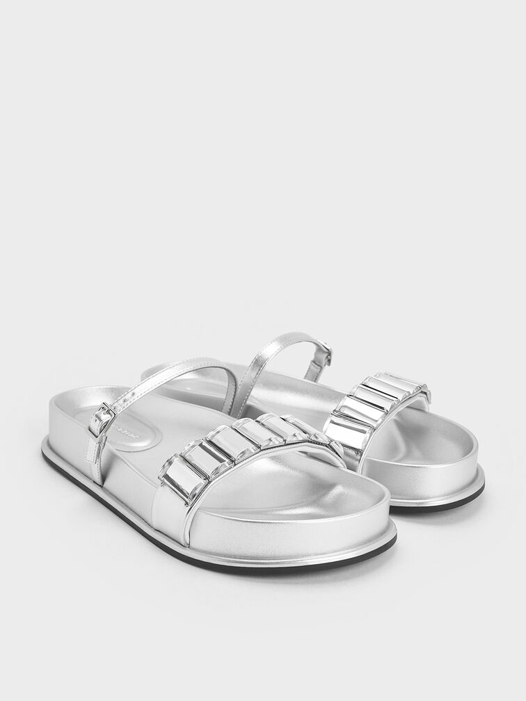 Metallic Crystal-Embellished Double-Strap Sandals, Silver, hi-res