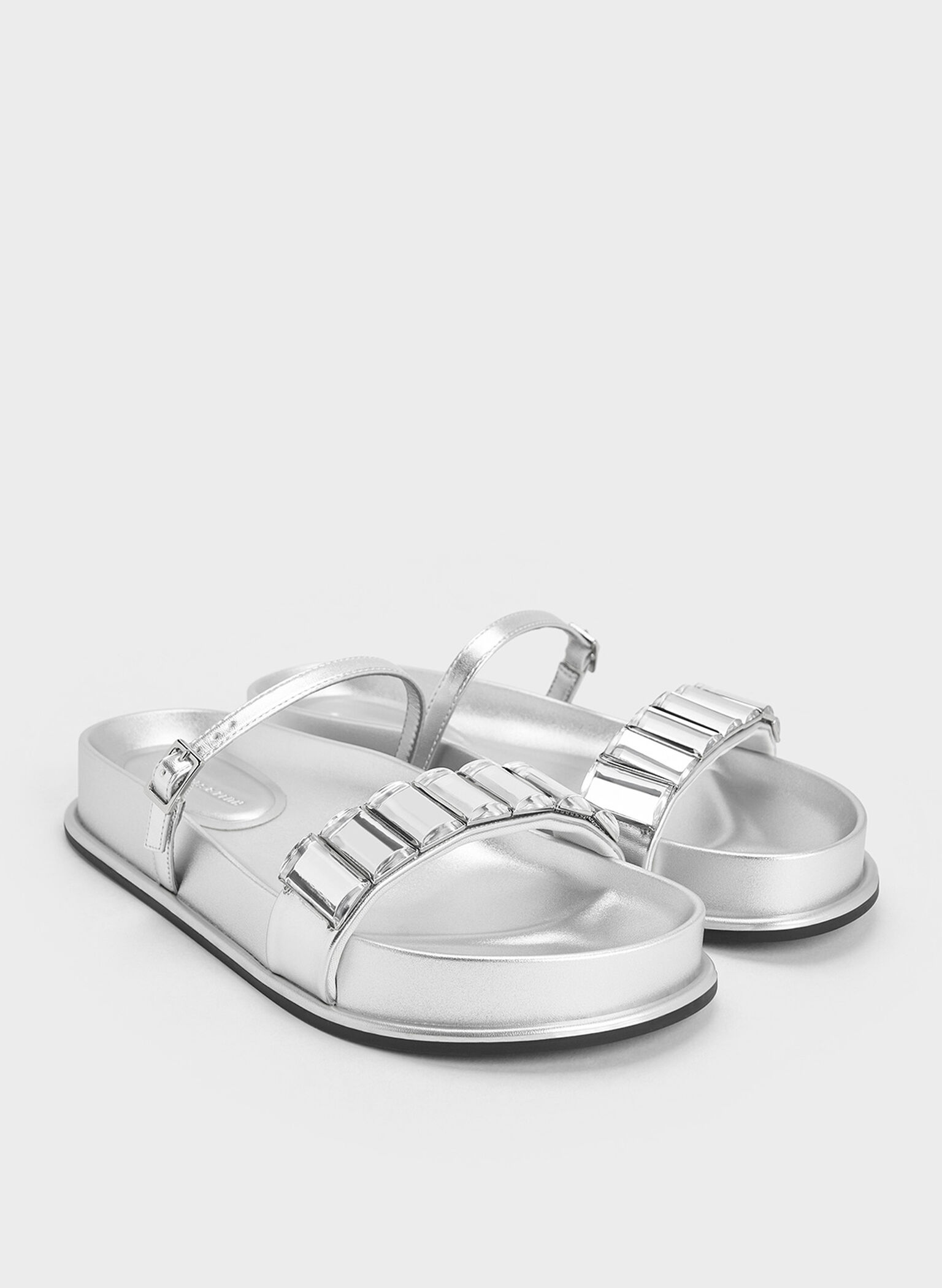 Metallic Crystal-Embellished Double-Strap Sandals, Silver, hi-res