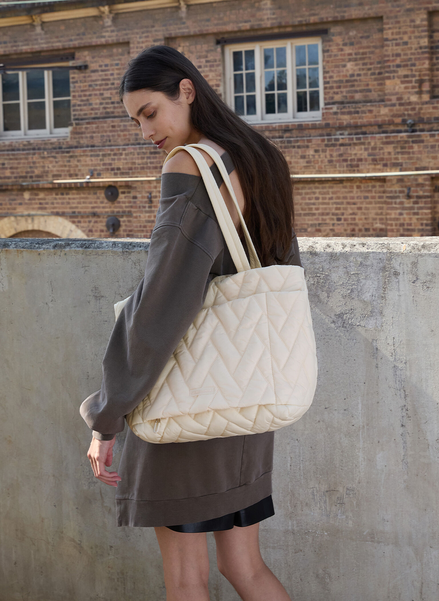 Nylon Chevron Tote Bag, Cream, hi-res