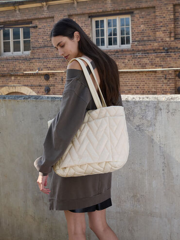 Nylon Chevron Tote Bag, Cream, hi-res