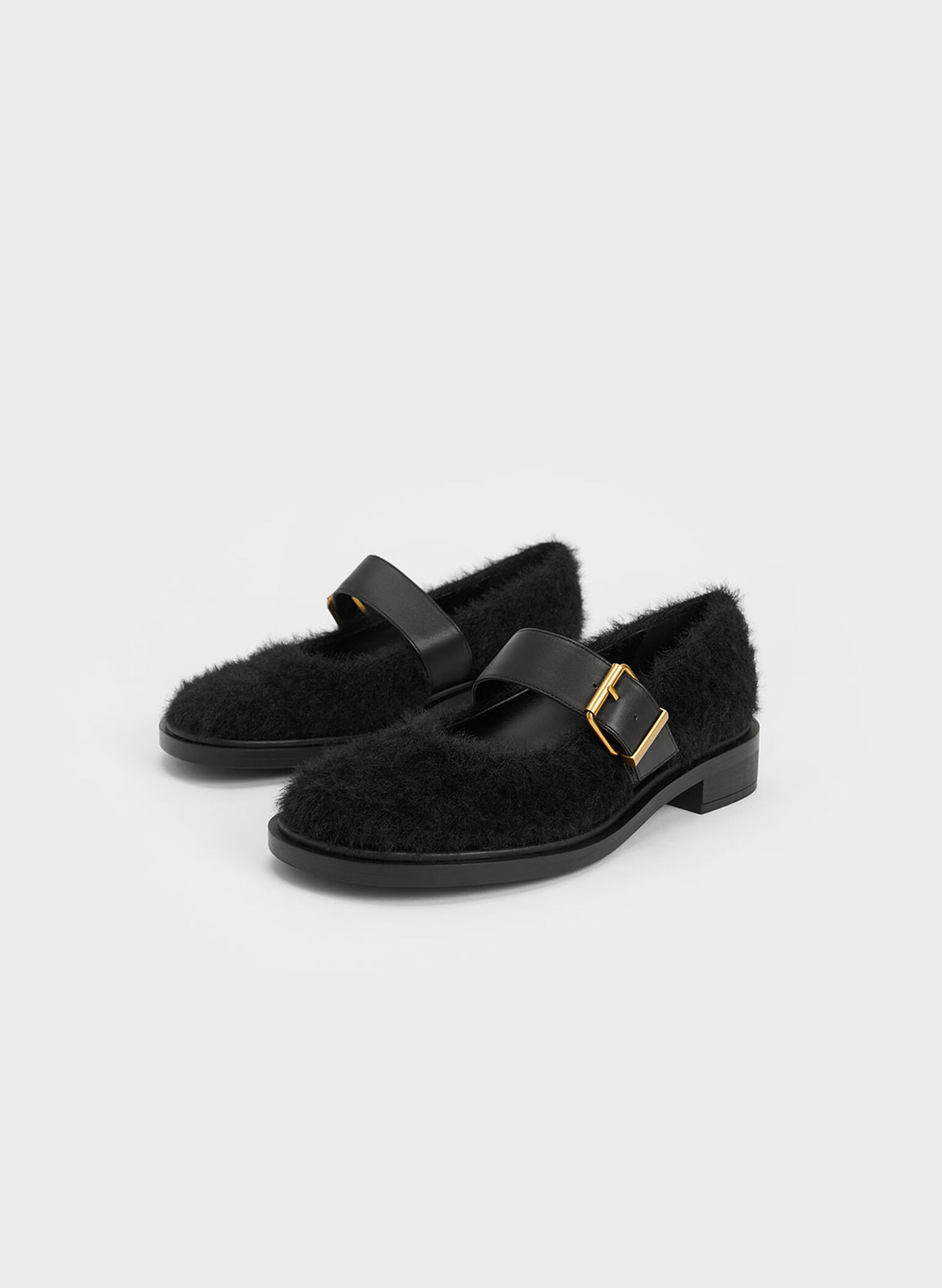 Leather Furry Mary Janes, Black, hi-res