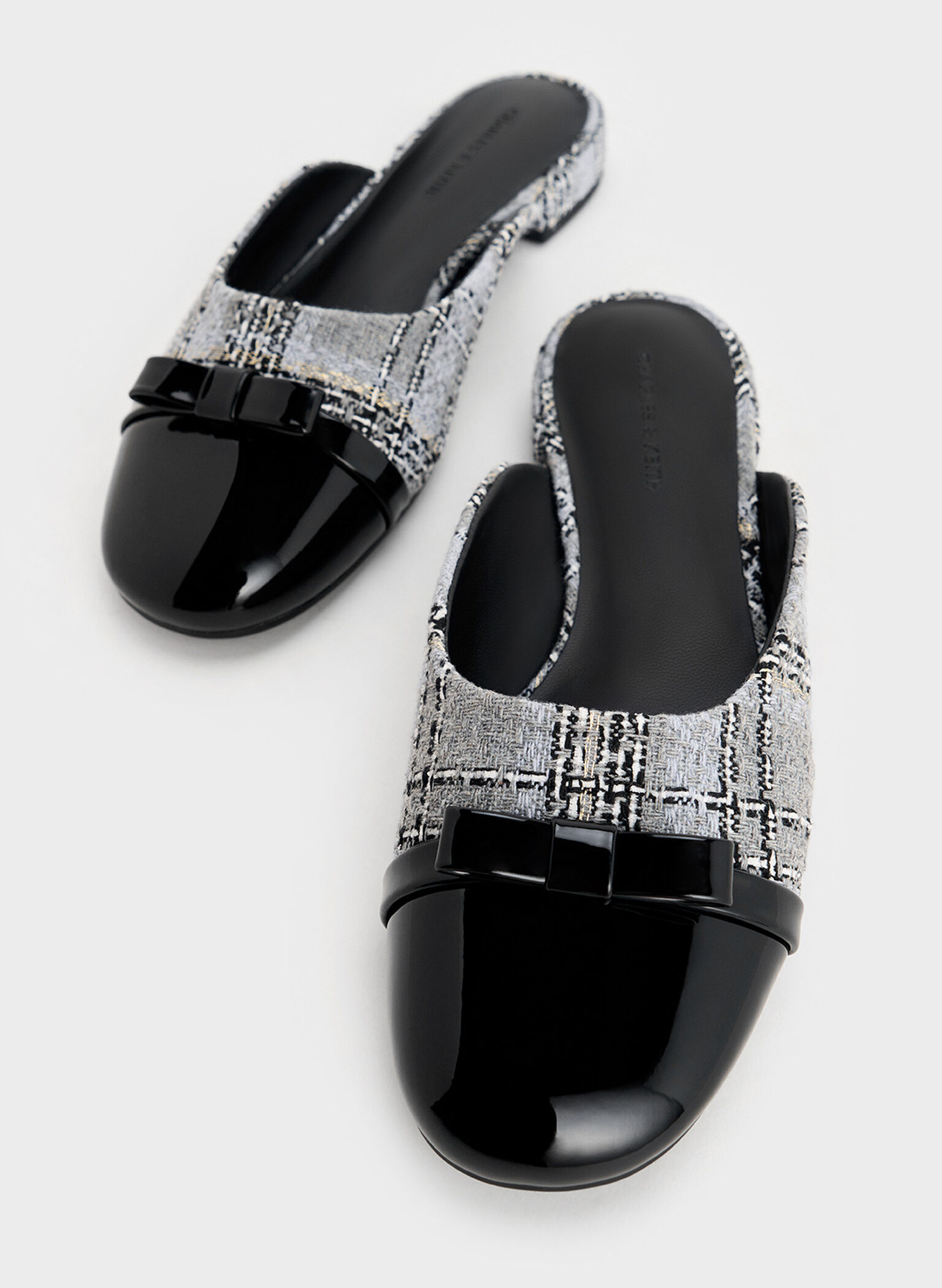 Bow Tweed Cap-Toe Mules, Grey, hi-res