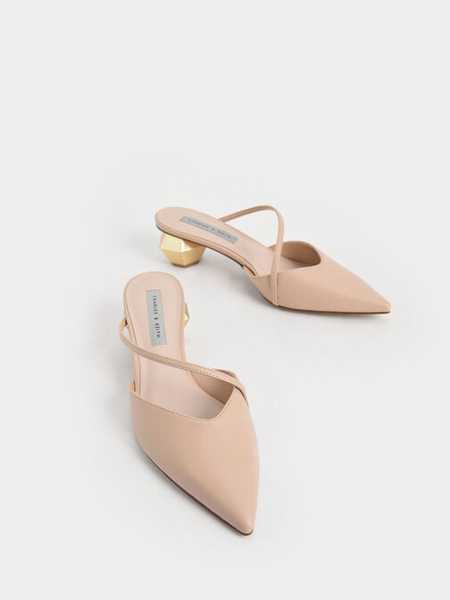 Asymmetric Strap Chrome Heel Mules, Light Pink, hi-res