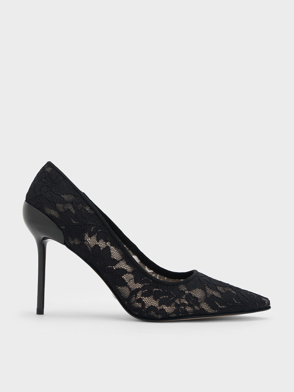 Lace Mesh Pointed Toe Pumps Black Textured