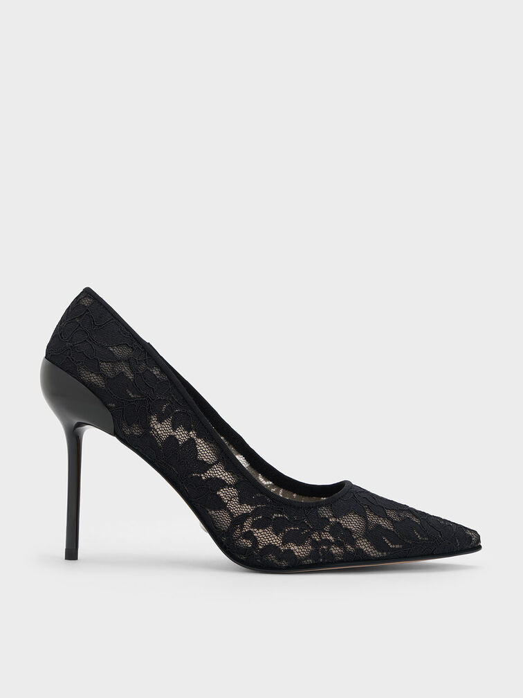 Lace & Mesh Pointed-Toe Pumps, Black Textured, hi-res