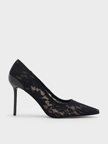 Lace & Mesh Pointed-Toe Pumps, Black Textured, hi-res