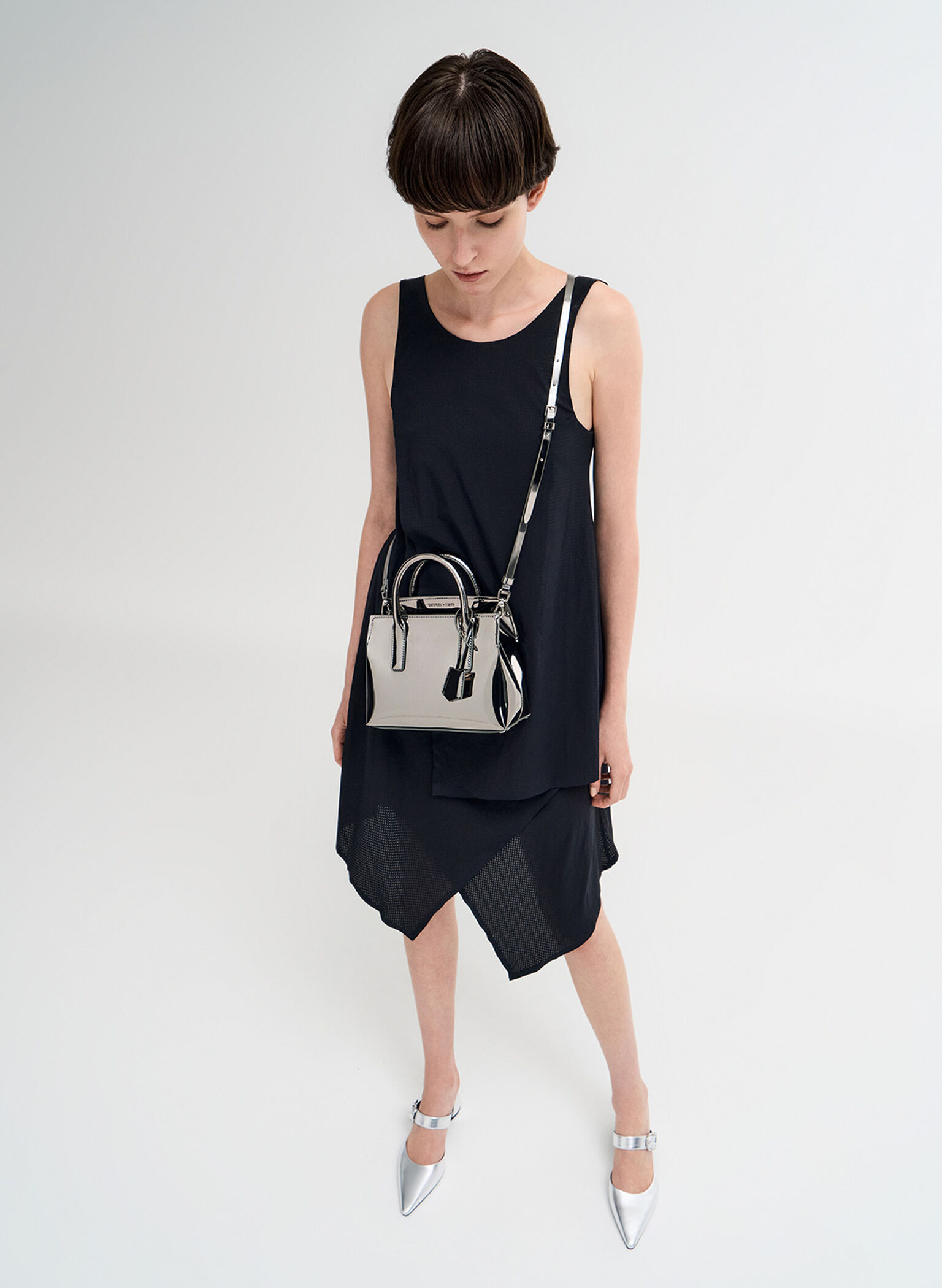 Rene Metallic Structured Top Handle Bag, Pewter, hi-res