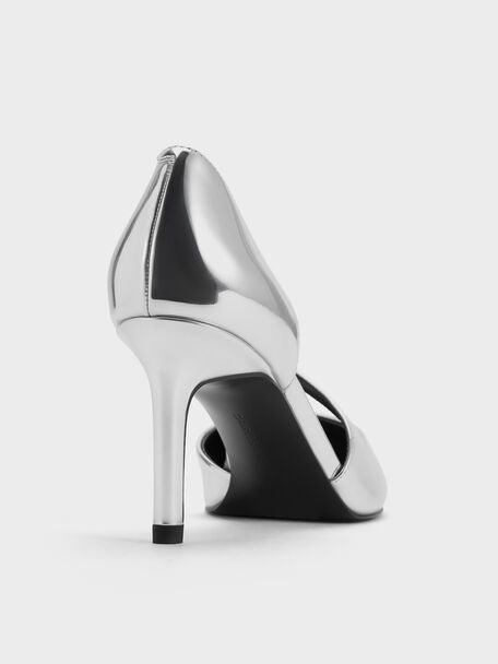 Metallic Asymmetric-Strap D’Orsay Stiletto Pumps, Silver, hi-res
