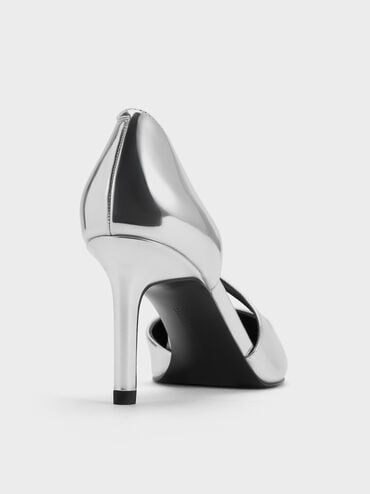 Metallic Asymmetric-Strap D’Orsay Stiletto Pumps, Silver, hi-res