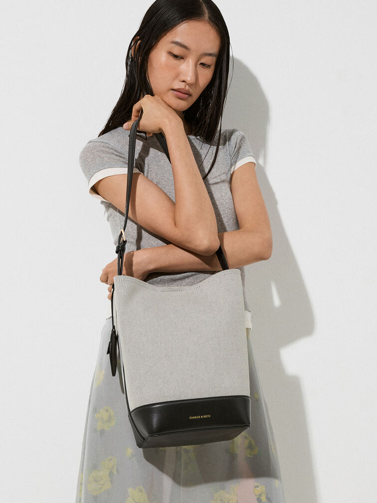 Enola Canvas Elongated Bucket Bag, Black, hi-res