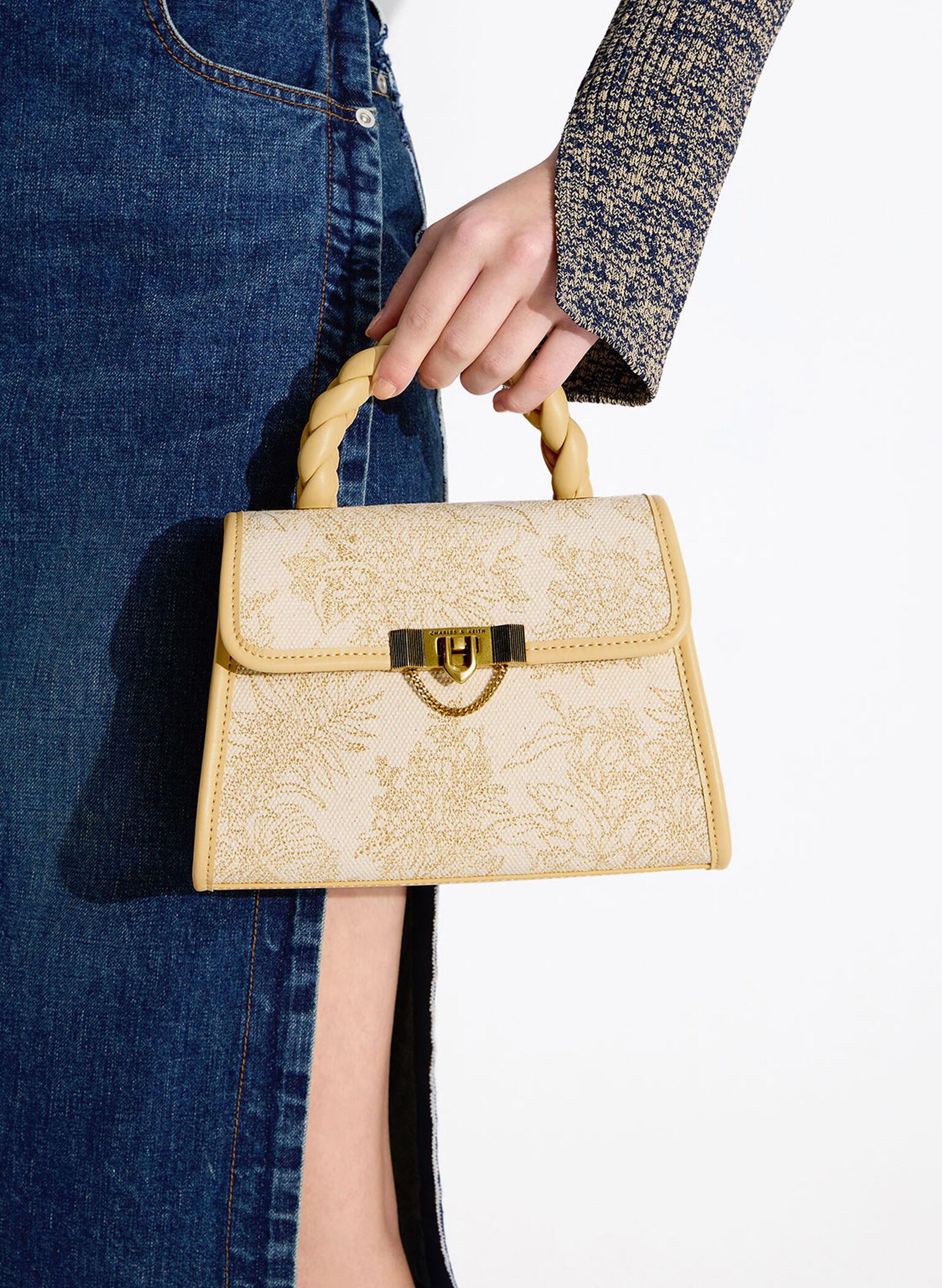 Floral Illustrated Trapeze Bag, Beige, hi-res