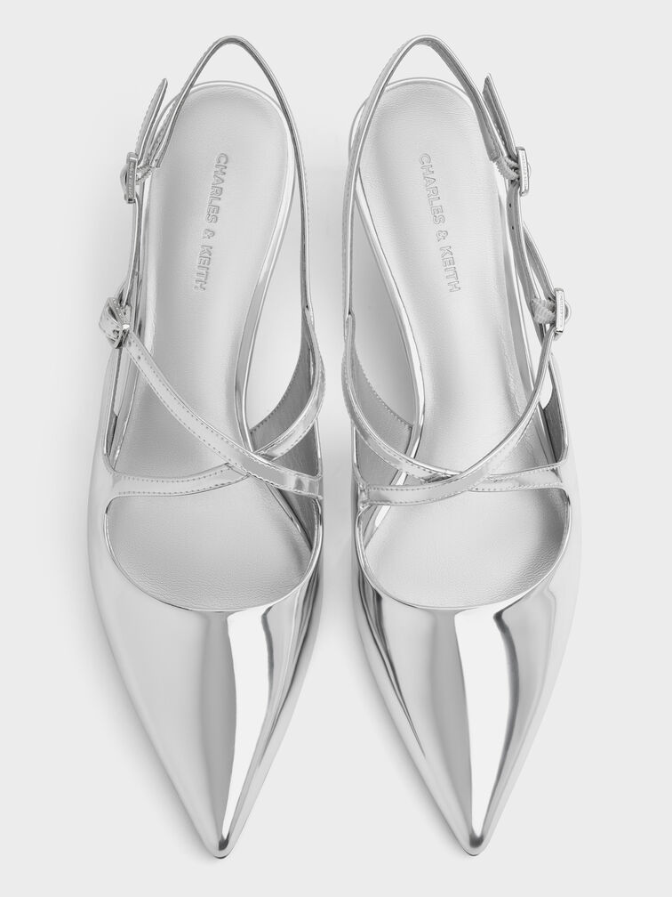 Pauline Metallic Crossover Slingback Kitten Heels, Silver, hi-res