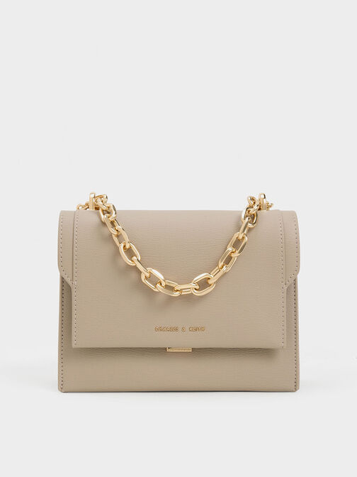 Front Flap Chain Handle Crossbody Bag, Taupe, hi-res