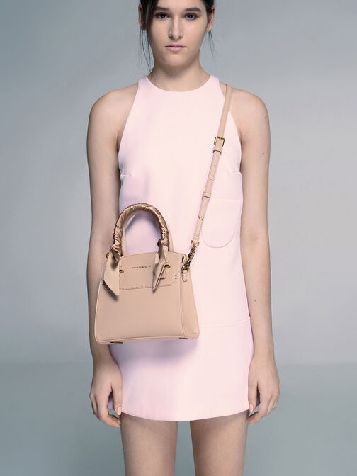 Satin Scarf Top Handle Bag, Nude, hi-res