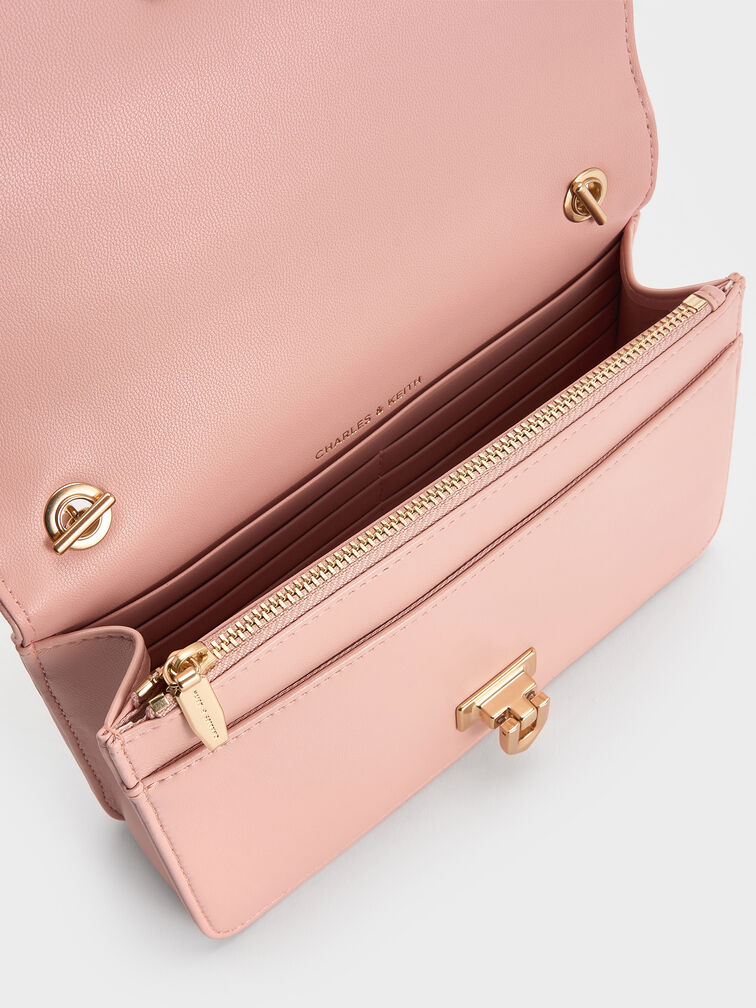 Alessia Checkered Pearl-Embellished Wallet on Chain, Light Pink, hi-res