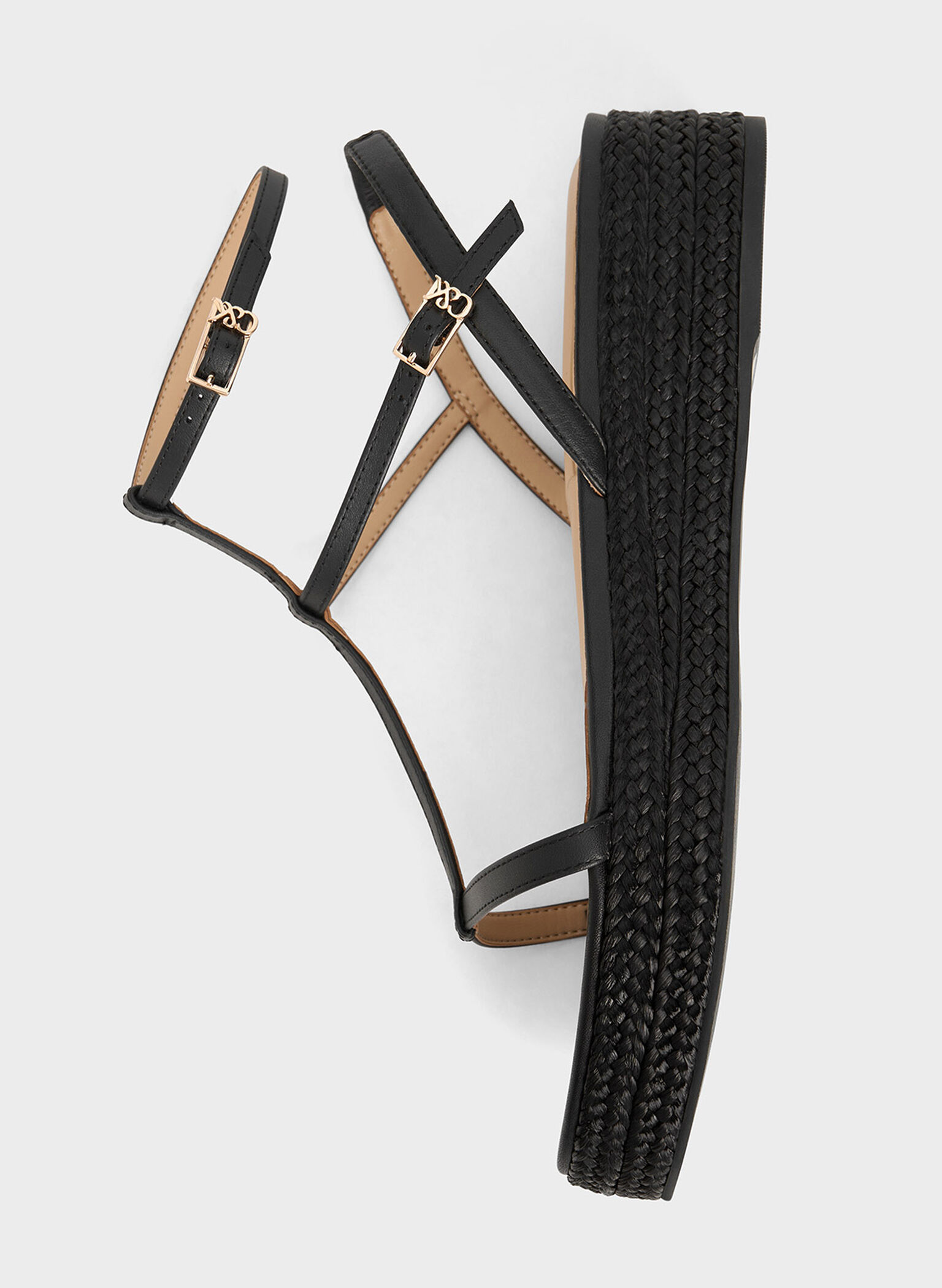 Leather T-Bar Espadrille Sandals, Black, hi-res