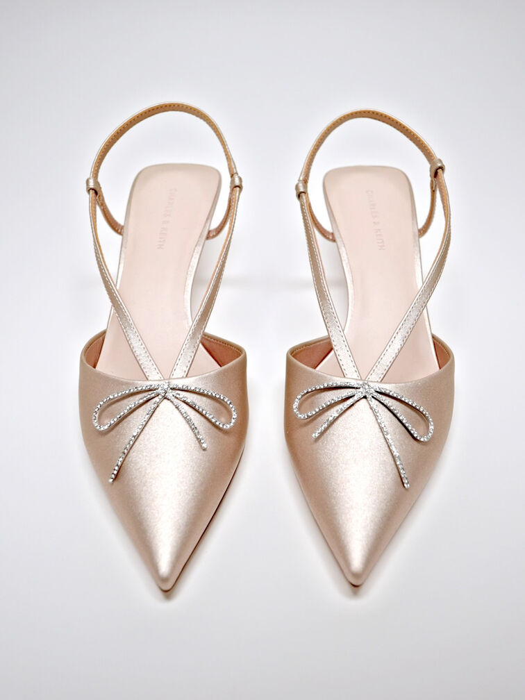 Crystal-Bow Kitten-Heel Slingback Pumps, Nude, hi-res