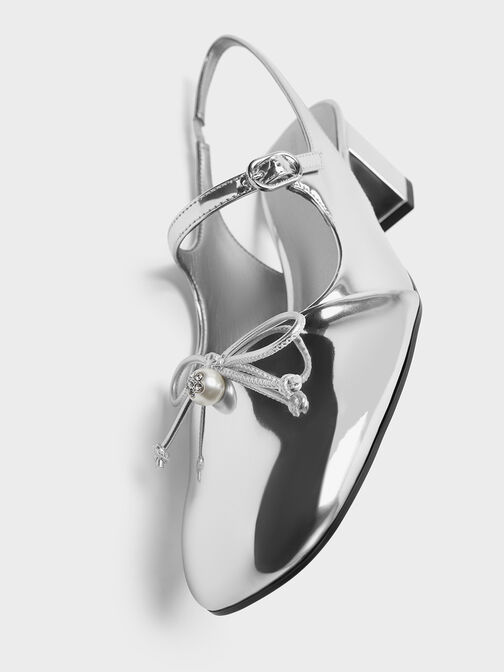 Metallic Bow Crystal-Pearl Slingback Mary Jane Pumps, Silver, hi-res