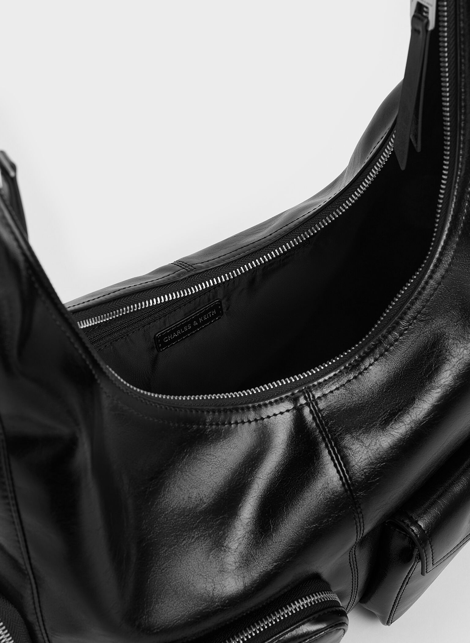 Thora Crinkle-Effect Multi-Pocket Hobo Bag, Noir, hi-res