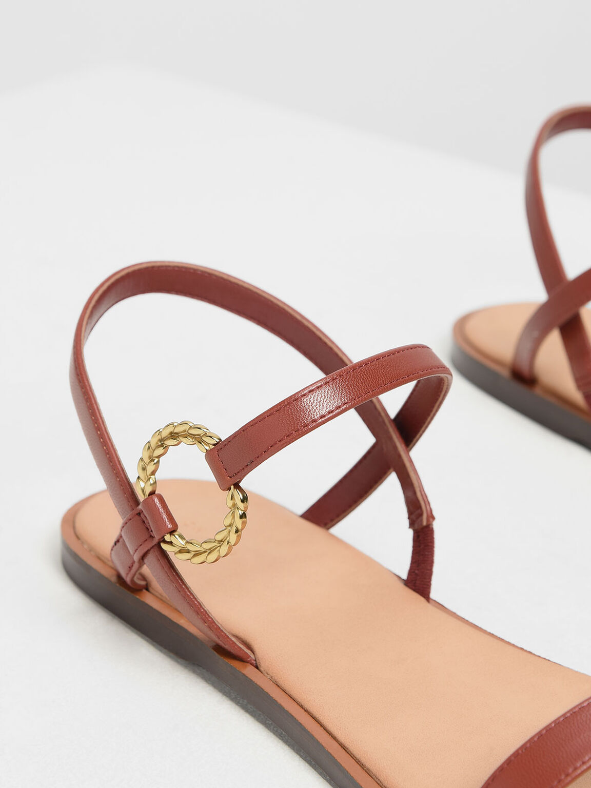 Gold Buckle Detail Sandals, Dark Brown, hi-res
