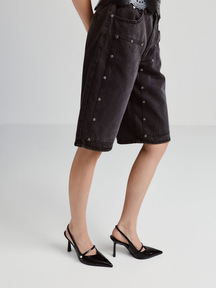 Helena Pearl-Buckle Pointed-Toe Slingback Pumps, Black Box, hi-res