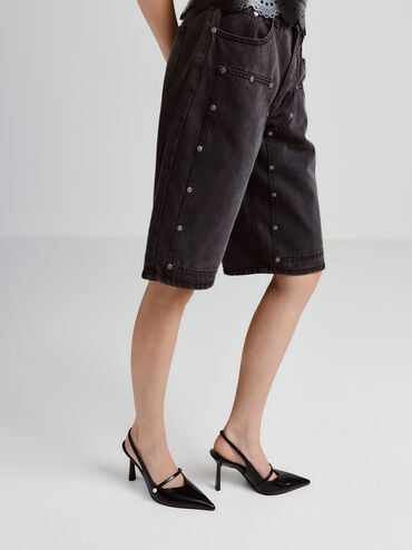 Helena Pearl-Buckle Pointed-Toe Slingback Pumps, Black Box, hi-res
