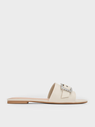 Gem-Buckle Square-Toe Slide Sandals, Chalk, hi-res