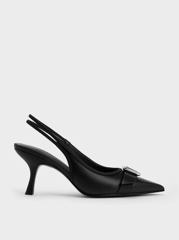 Buckled Pointed-Toe Slingback Pumps, Black, hi-res