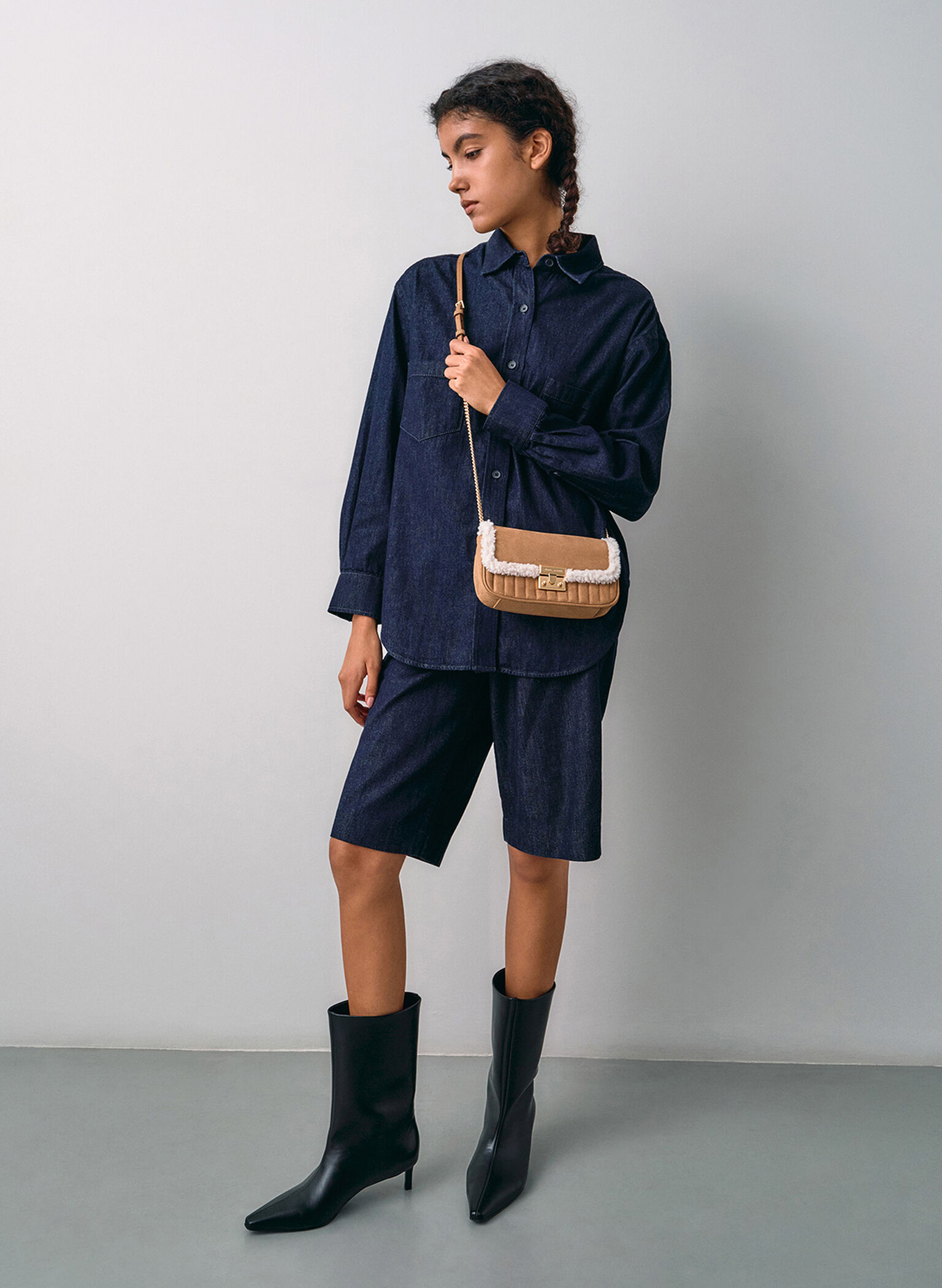 Mini Donna Faux Suede Fur-Trim Bag, Tan, hi-res