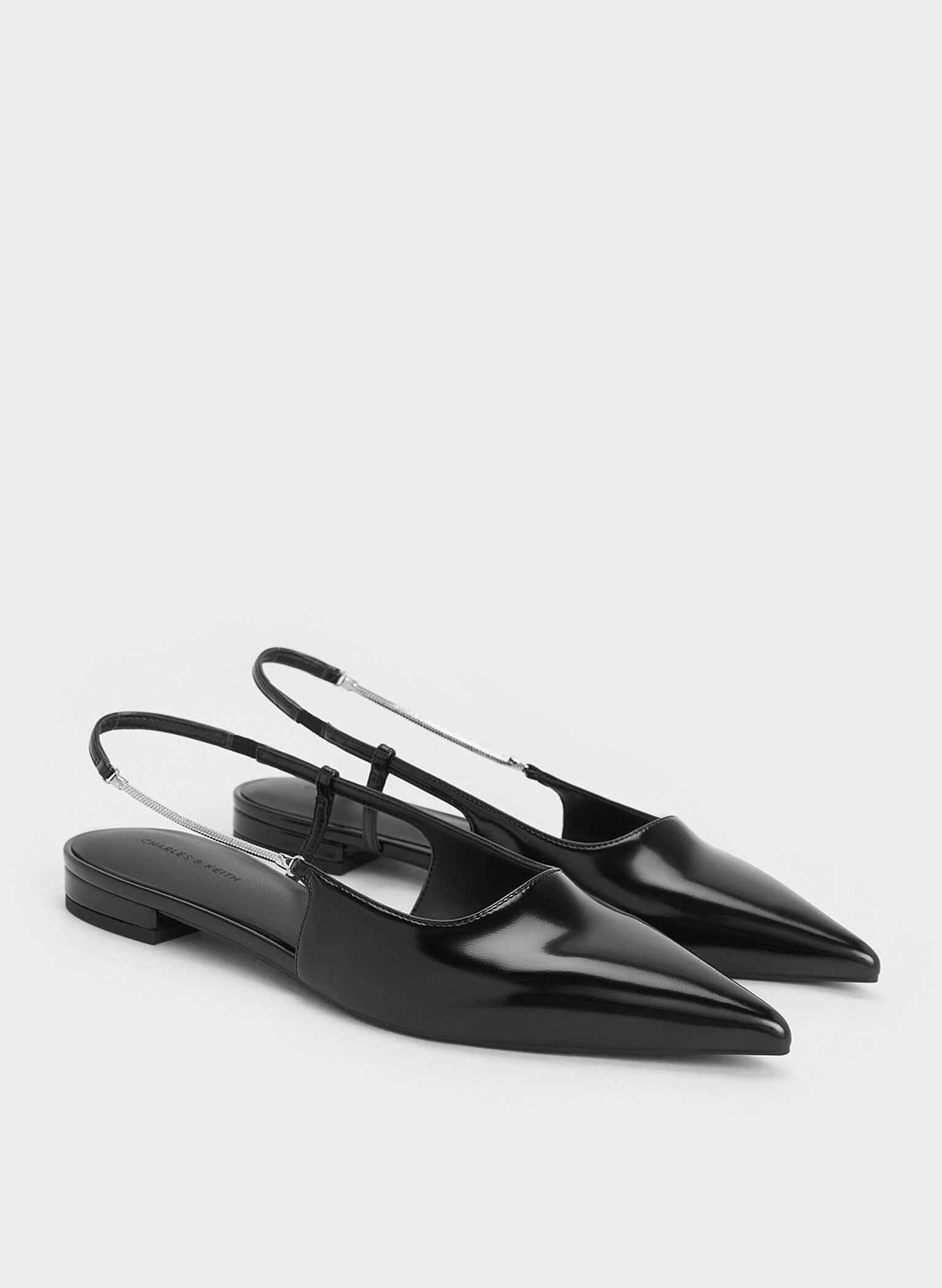 Chain-Strap Pointed-Toe Slingback Flats, Black Box, hi-res