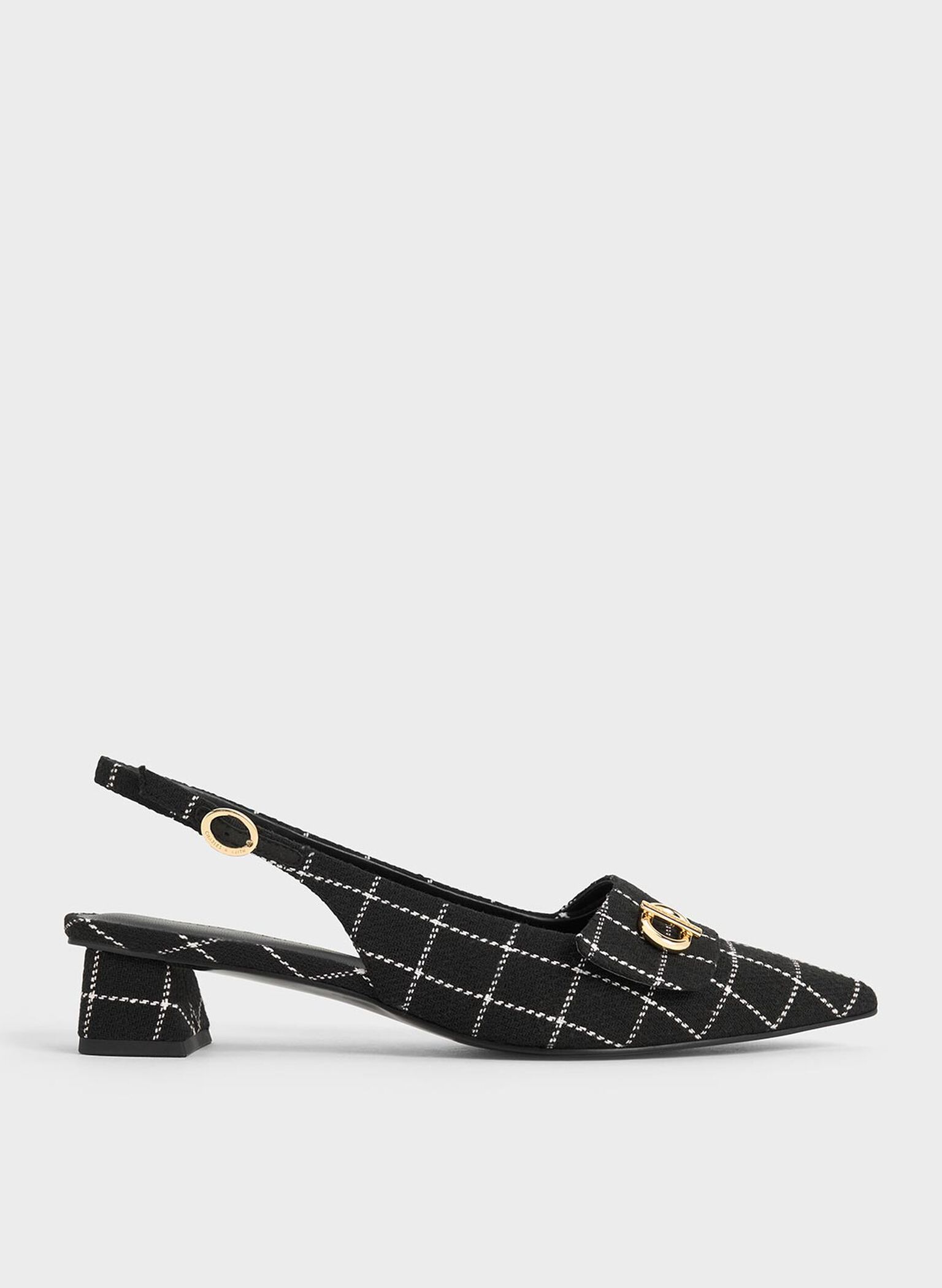 Tweed Metallic-Accent Pointed-Toe Slingback Pumps, Black Textured, hi-res
