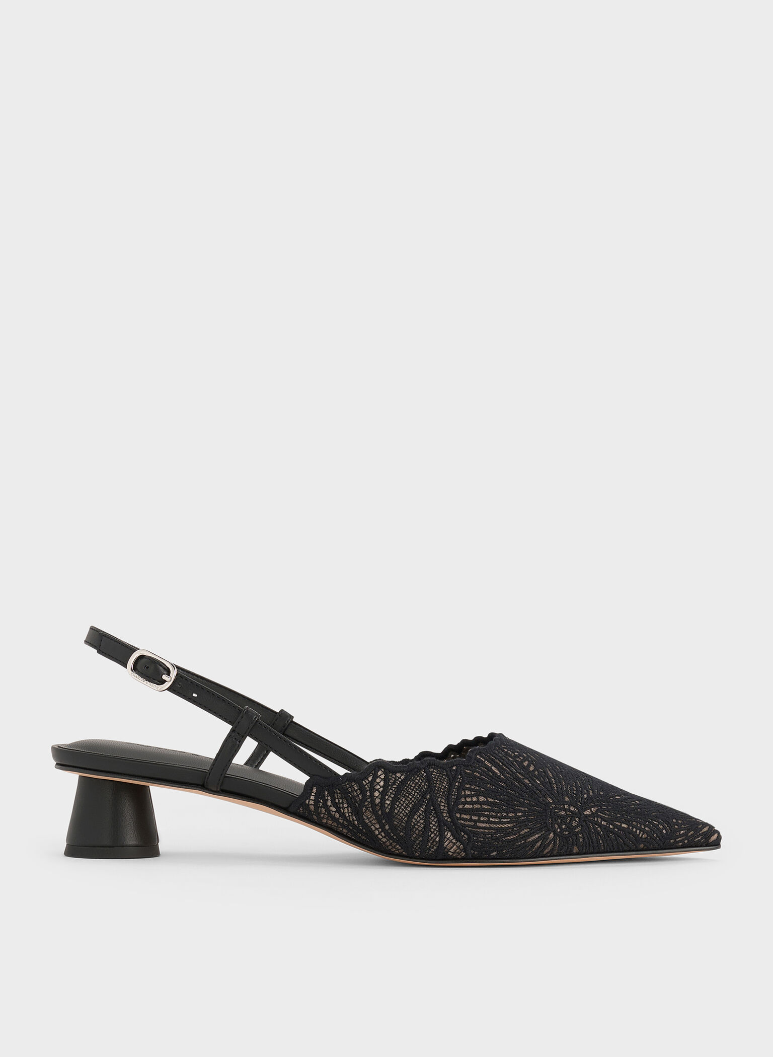Crochet Floral Pointed-Toe Slingback Pumps, Black Textured, hi-res