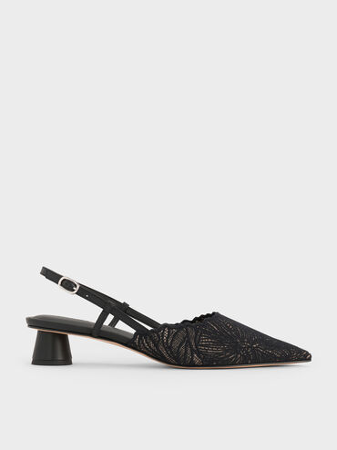 Crochet Floral Pointed-Toe Slingback Pumps, Black Textured, hi-res
