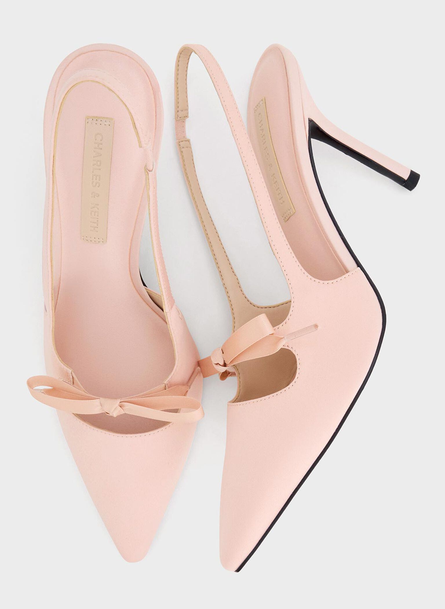 Satin Bow Pointed-Toe Slingback Pumps, Light Pink, hi-res