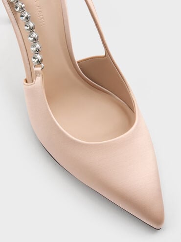 Flores Recycled Polyester Gem-Strap Slingback Pumps, Beige, hi-res