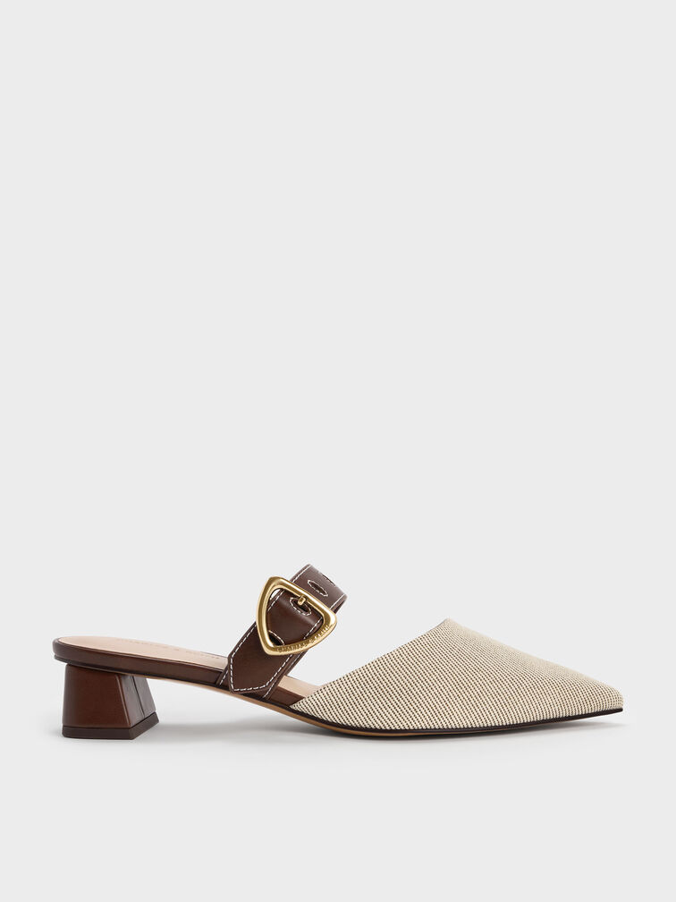 Sepphe Twill Metallic Buckle Pointed-Toe Heeled Mules, Brown, hi-res