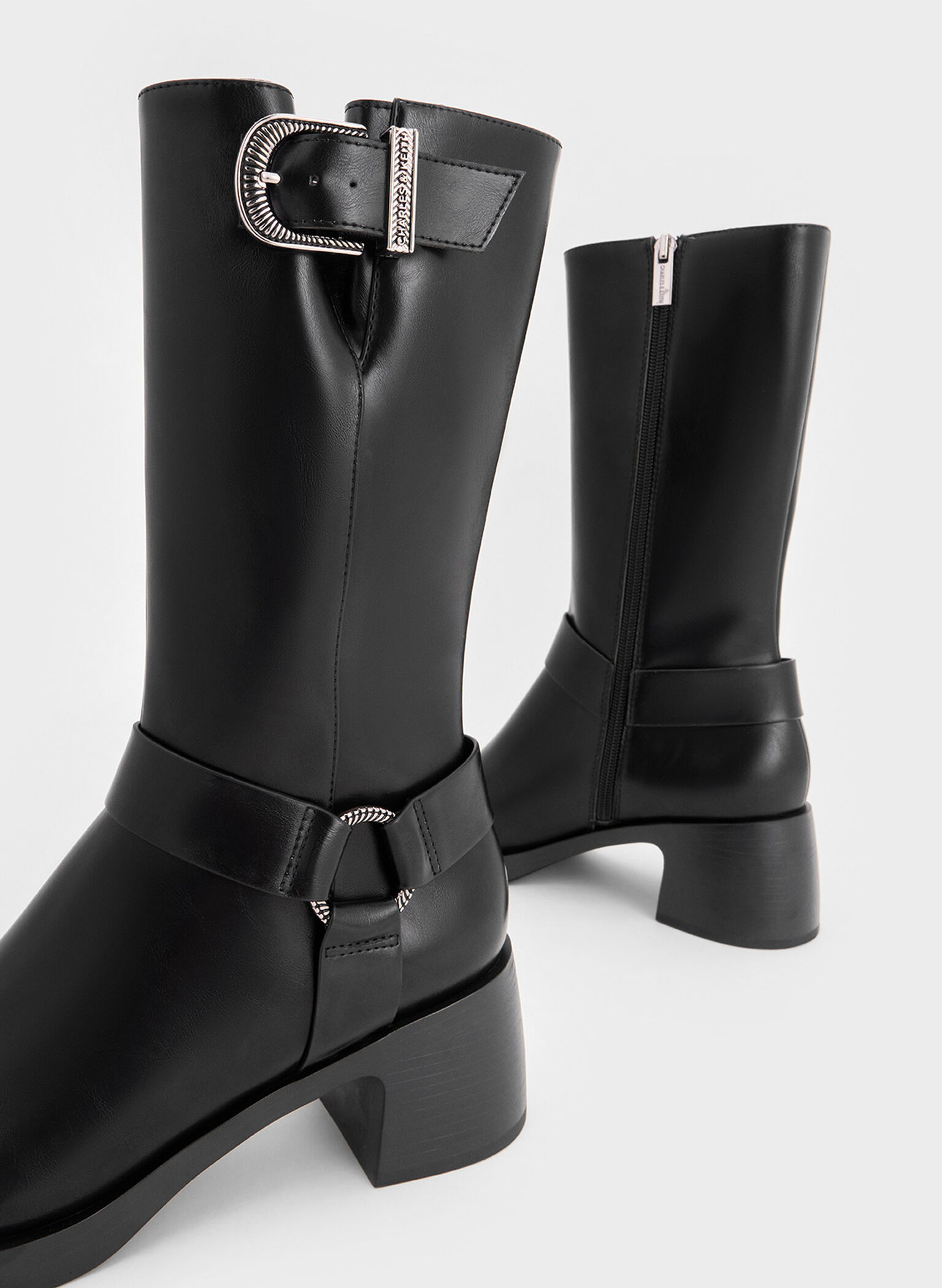 Kirke Buckled Mid-Calf Biker Boots, Black, hi-res