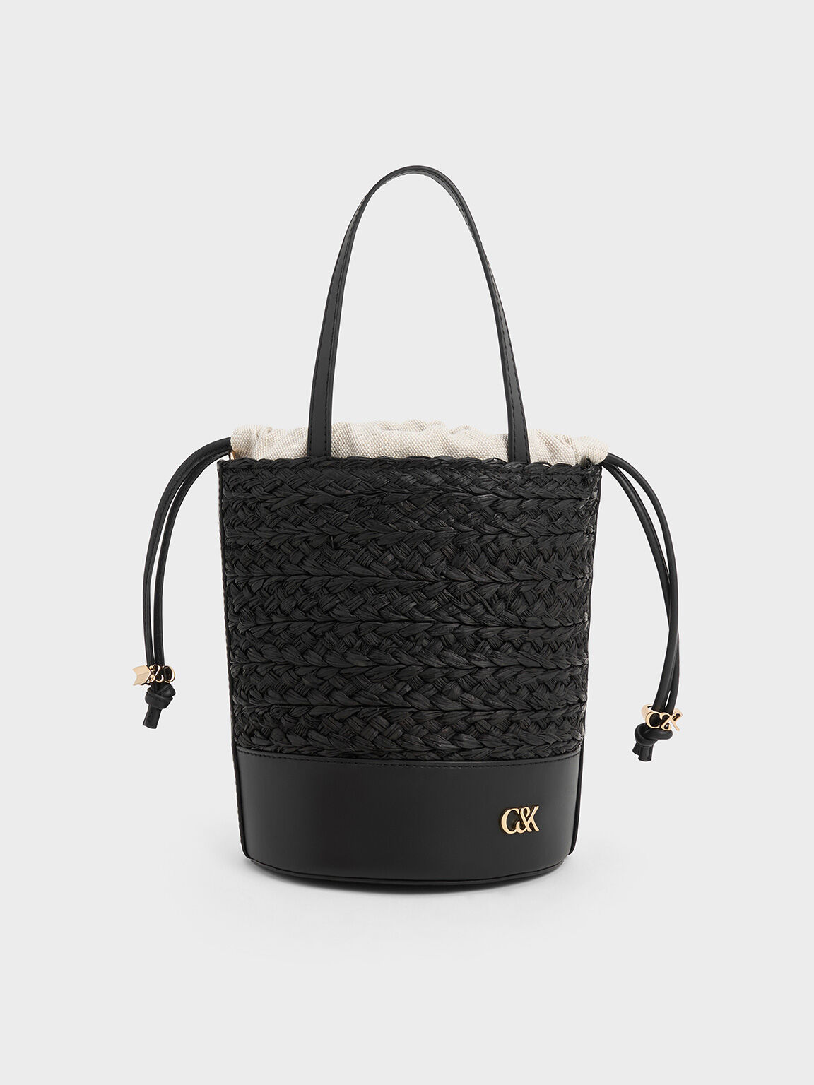 Leather Raffia Bucket Bag Black