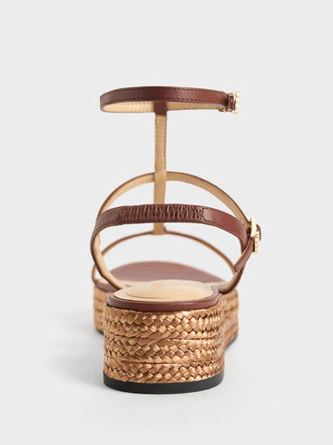 Leather T-Bar Espadrille Sandals, Brown, hi-res