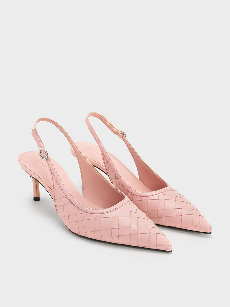 Woven Pointed-Toe Slingback Pumps, Light Pink, hi-res